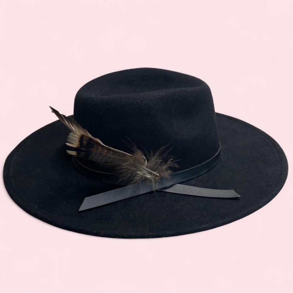 Wide Brim Black Wool Felt Fedora with Turkey Feather Detail​